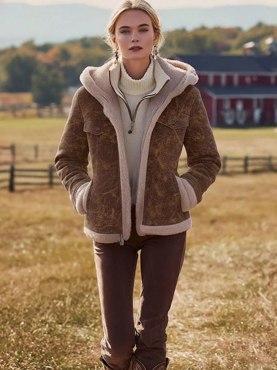 Western Vintage Polar Fleece Lined Brown Textured Faux Suede Hooded Coat sold by Oyrosy product image thumbnail 2