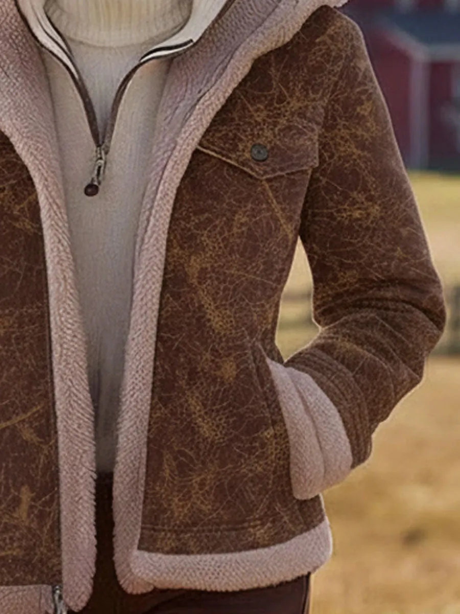 Western Vintage Polar Fleece Lined Brown Textured Faux Suede Hooded Coat sold by Oyrosy product image thumbnail 3