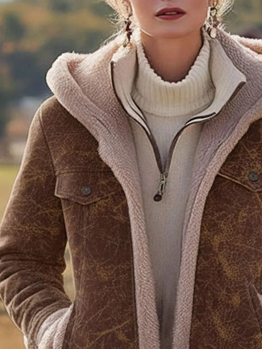 Western Vintage Polar Fleece Lined Brown Textured Faux Suede Hooded Coat sold by Oyrosy product image thumbnail 4