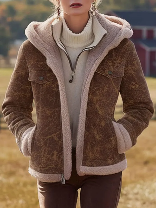 Western Vintage Polar Fleece Lined Brown Textured Faux Suede Hooded Coat sold by Oyrosy