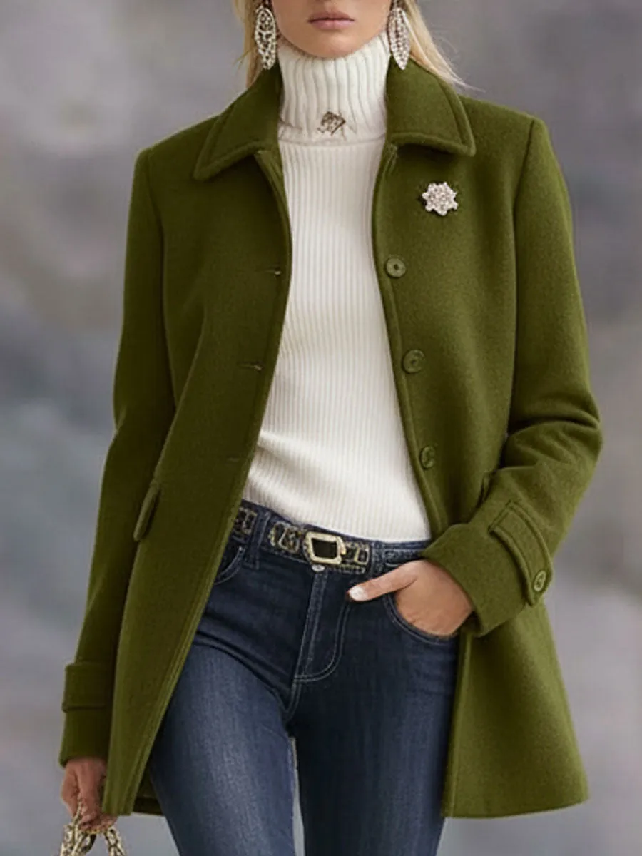 Casual Retro Olive Green Woolen Coat sold by Oyrosy