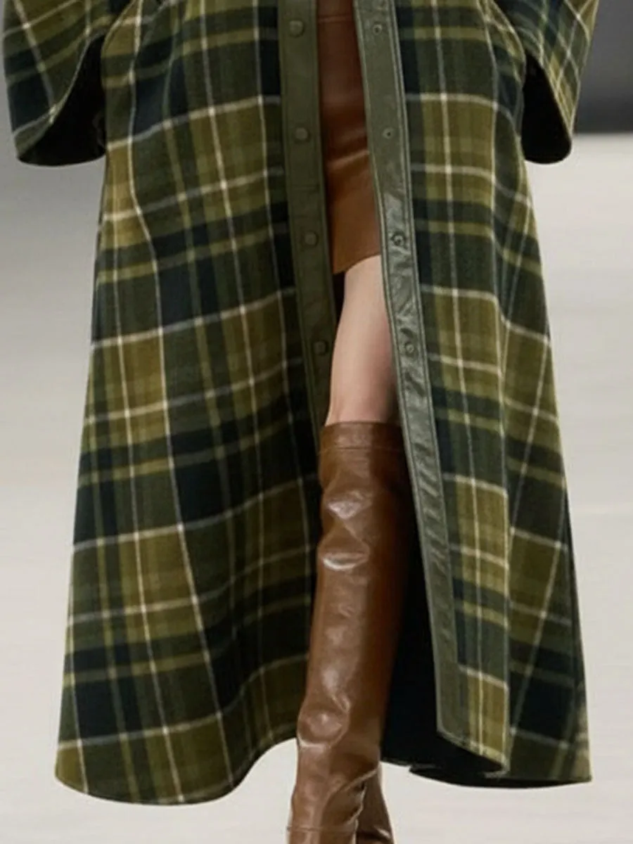 Loose Retro Pu Trim Green Plaid Woolen Long Coat sold by Oyrosy product image thumbnail 5