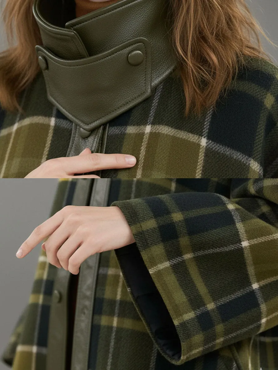 Loose Retro Pu Trim Green Plaid Woolen Long Coat sold by Oyrosy product image thumbnail 4