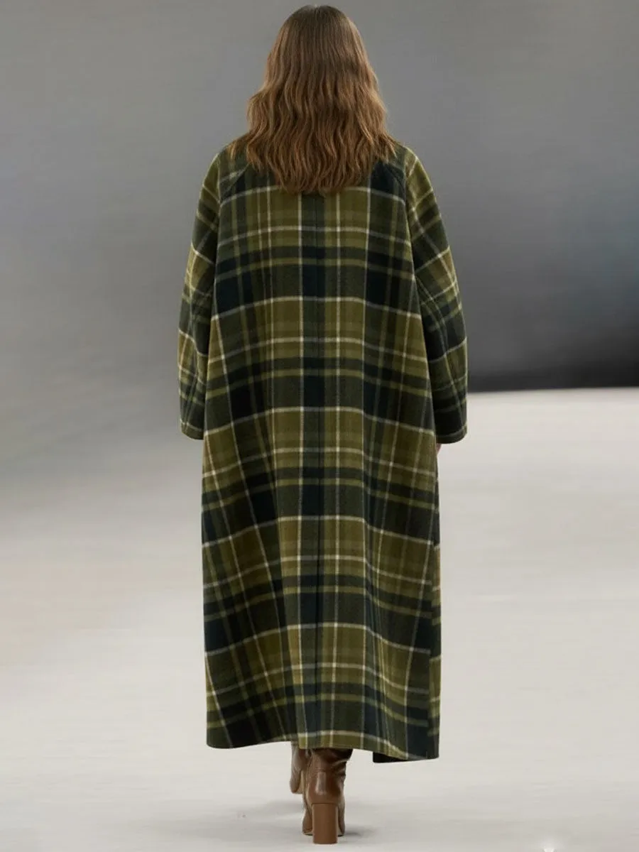 Loose Retro Pu Trim Green Plaid Woolen Long Coat sold by Oyrosy product image thumbnail 3