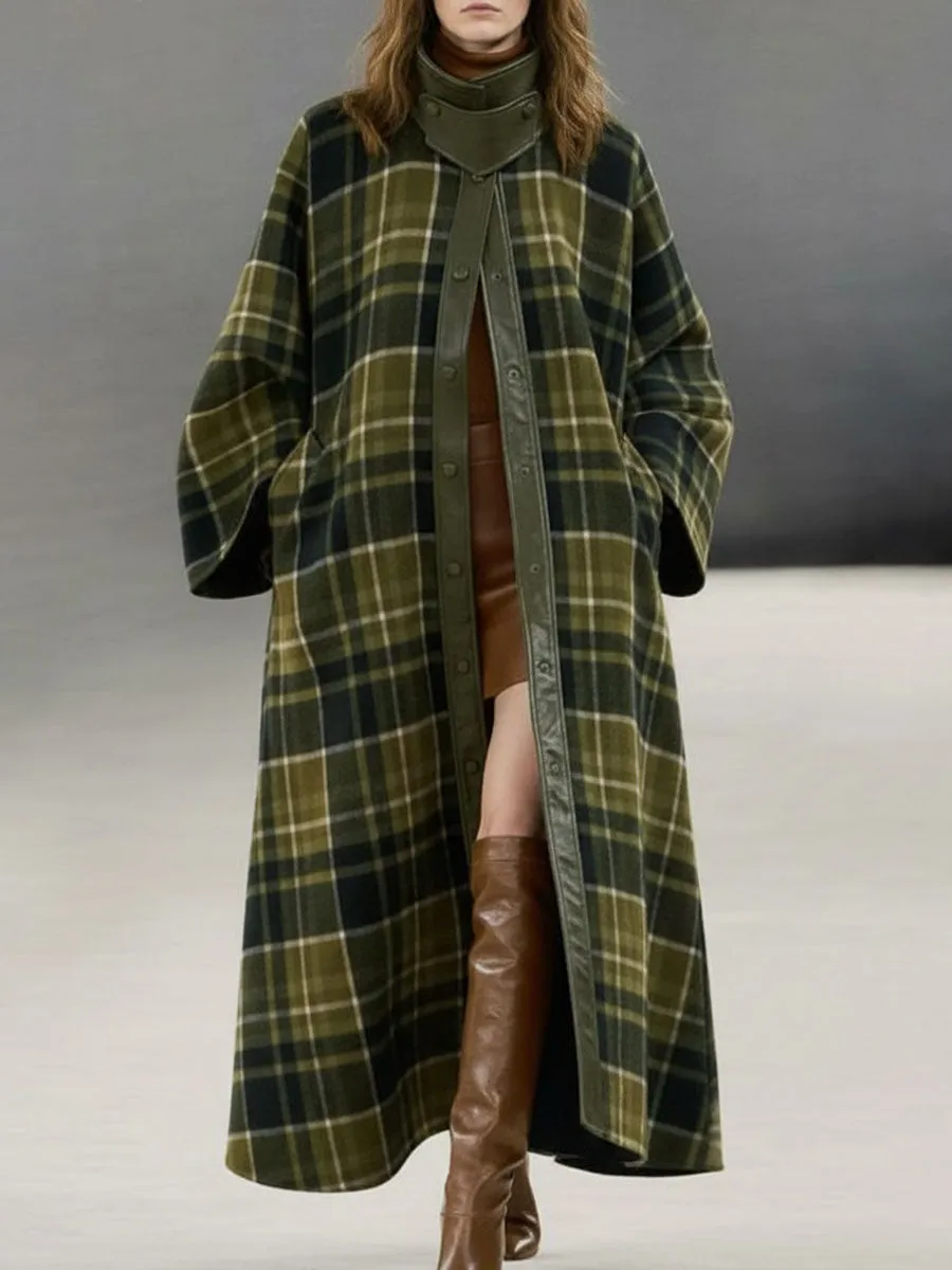 Loose Retro Pu Trim Green Plaid Woolen Long Coat sold by Oyrosy