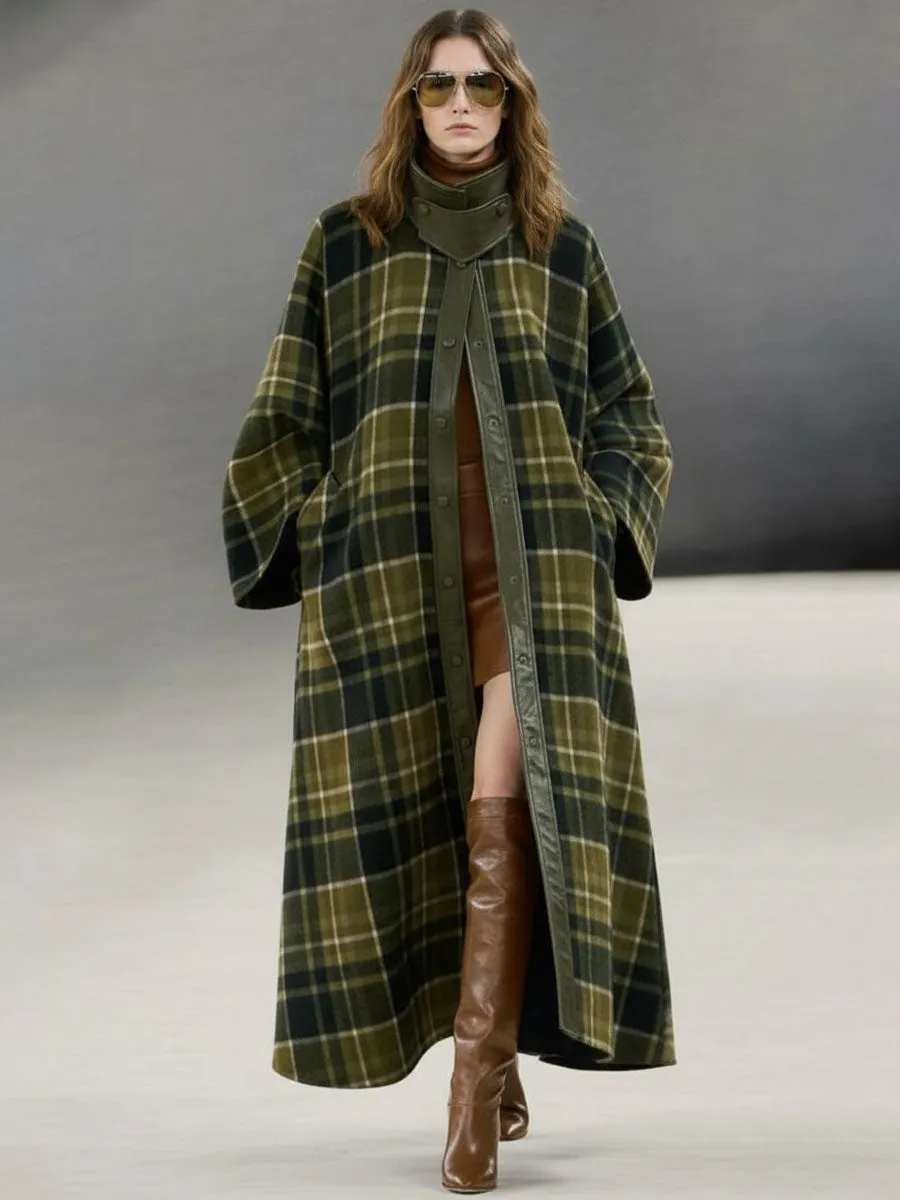 Loose Retro Pu Trim Green Plaid Woolen Long Coat sold by Oyrosy product image thumbnail 2