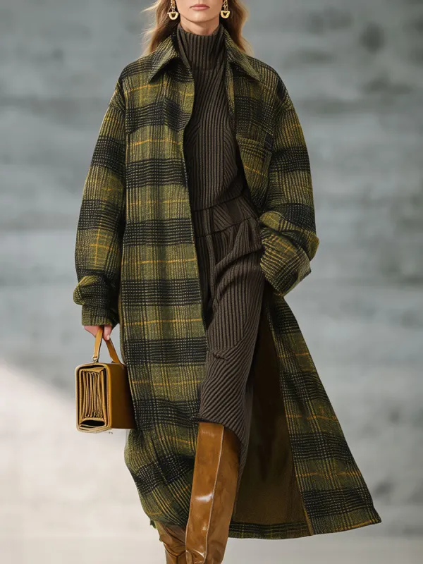 Loose Retro Yellow-Green Plaid Woolen Long Coat sold by Oyrosy