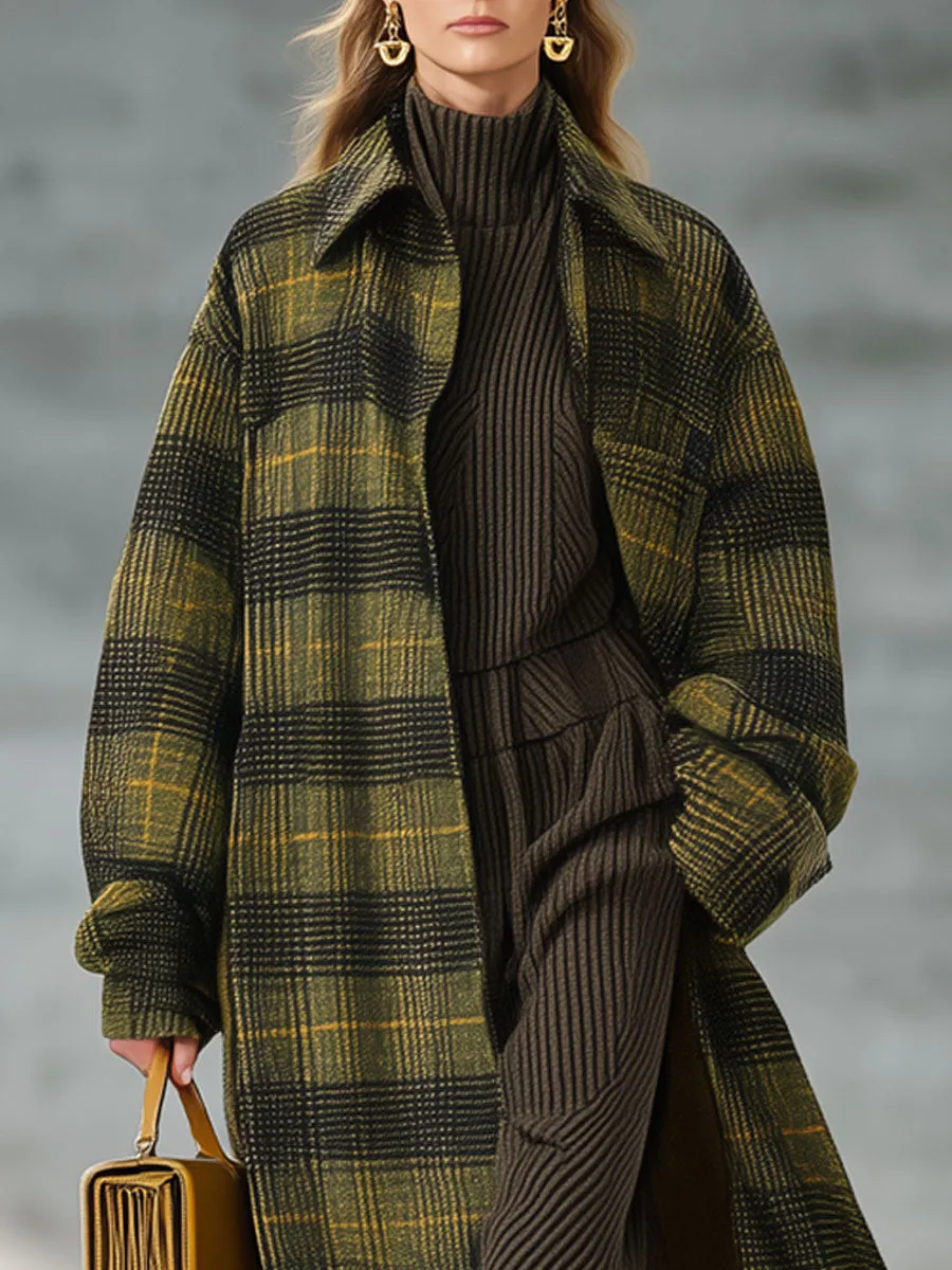 Loose Retro Yellow-Green Plaid Woolen Long Coat sold by Oyrosy product image thumbnail 3