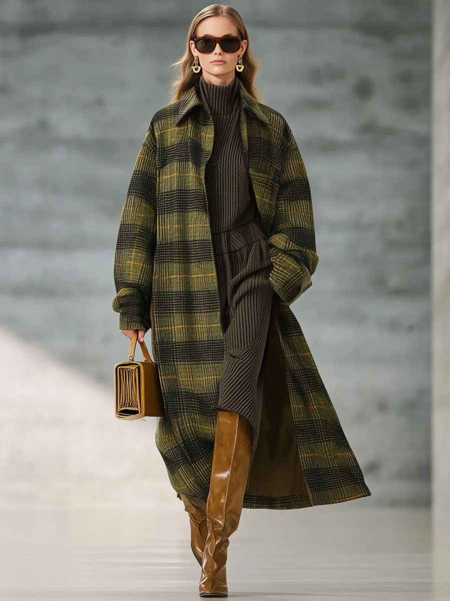 Loose Retro Yellow-Green Plaid Woolen Long Coat sold by Oyrosy product image thumbnail 2