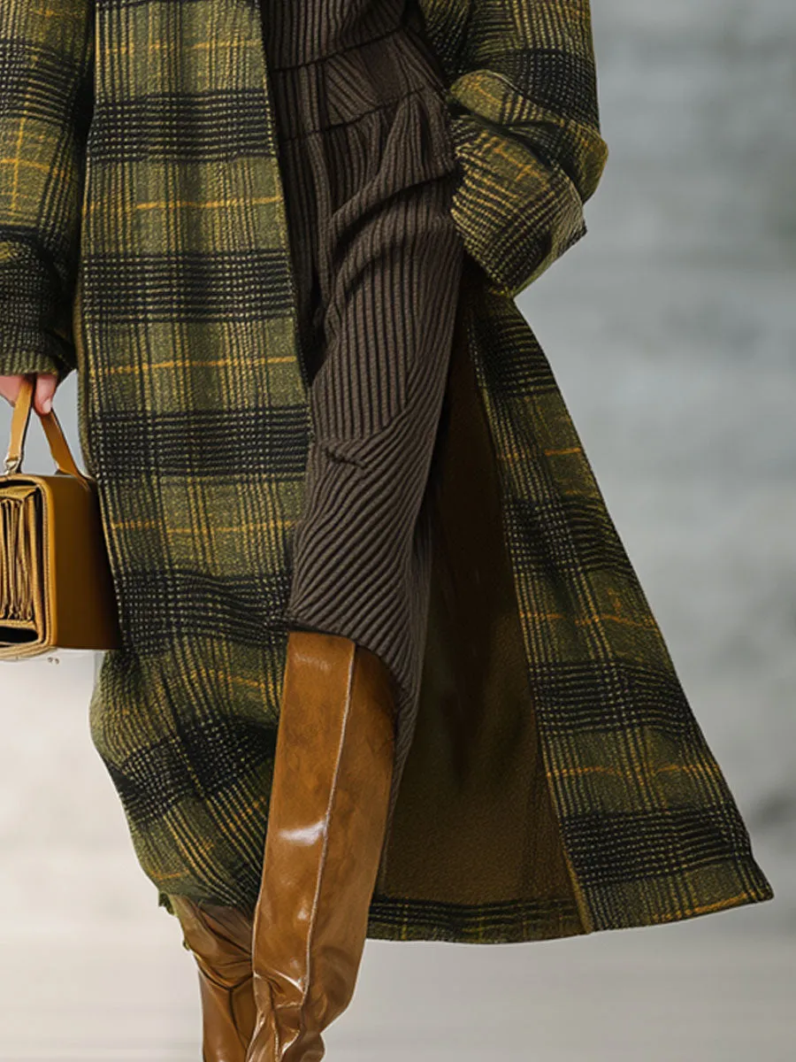 Loose Retro Yellow-Green Plaid Woolen Long Coat sold by Oyrosy product image thumbnail 4