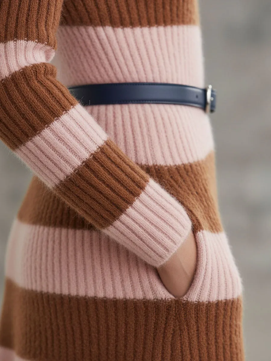 Fashion Retro Pink And Brown Striped Knitted Polo Neck Tie Maxi Dress sold by Oyrosy product image thumbnail 4