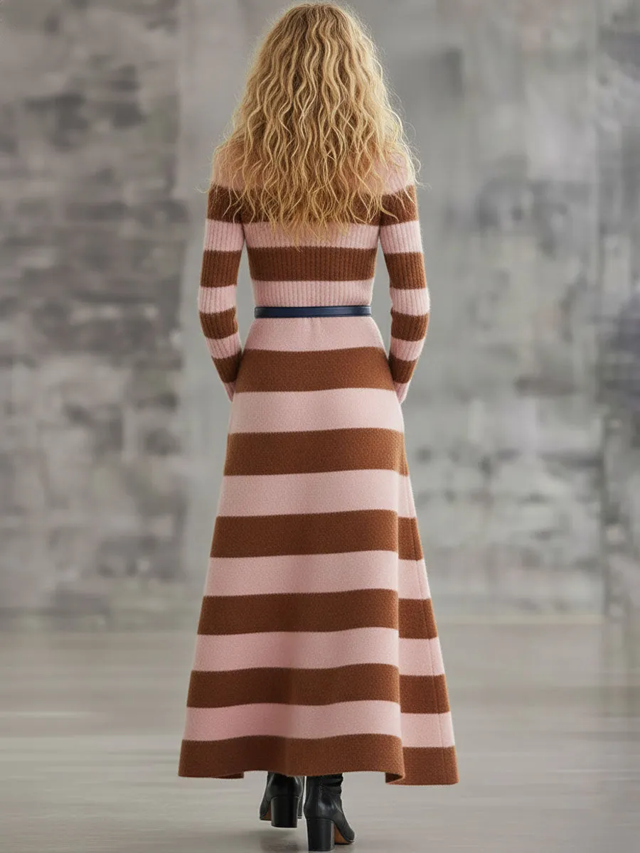 Fashion Retro Pink And Brown Striped Knitted Polo Neck Tie Maxi Dress sold by Oyrosy product image thumbnail 3
