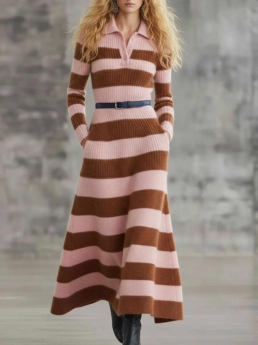 Fashion Retro Pink And Brown Striped Knitted Polo Neck Tie Maxi Dress sold by Oyrosy
