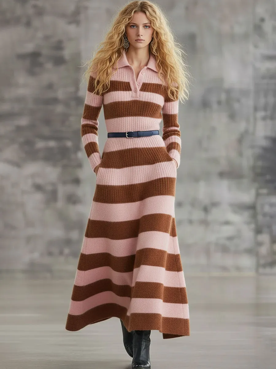 Fashion Retro Pink And Brown Striped Knitted Polo Neck Tie Maxi Dress sold by Oyrosy product image thumbnail 2