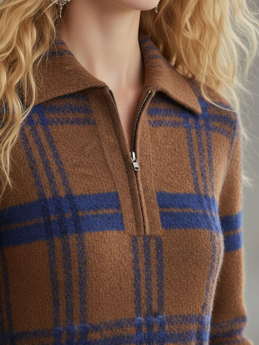 Fashion Retro Blue And Brown Plaid Knitted Half-Zip Tie Maxi Dress sold by Oyrosy product image thumbnail 4