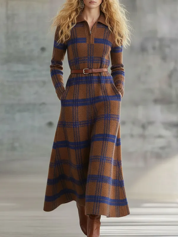 Fashion Retro Blue And Brown Plaid Knitted Half-Zip Tie Maxi Dress sold by Oyrosy