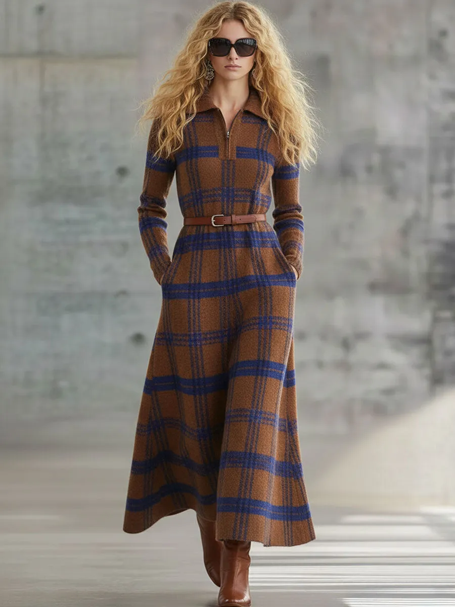 Fashion Retro Blue And Brown Plaid Knitted Half-Zip Tie Maxi Dress sold by Oyrosy product image thumbnail 2