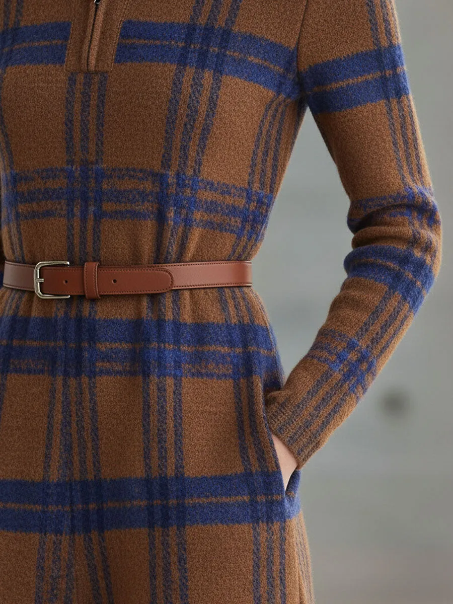 Fashion Retro Blue And Brown Plaid Knitted Half-Zip Tie Maxi Dress sold by Oyrosy product image thumbnail 5
