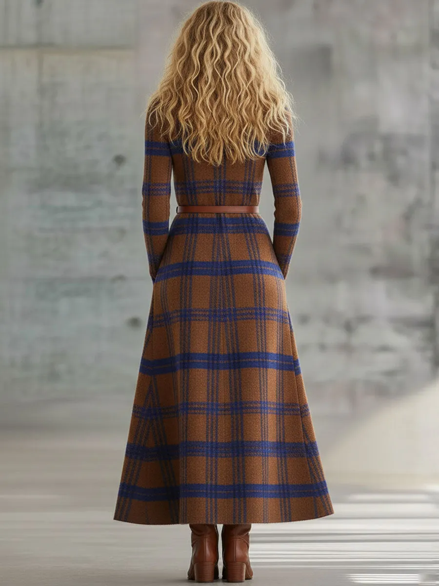 Fashion Retro Blue And Brown Plaid Knitted Half-Zip Tie Maxi Dress sold by Oyrosy product image thumbnail 3