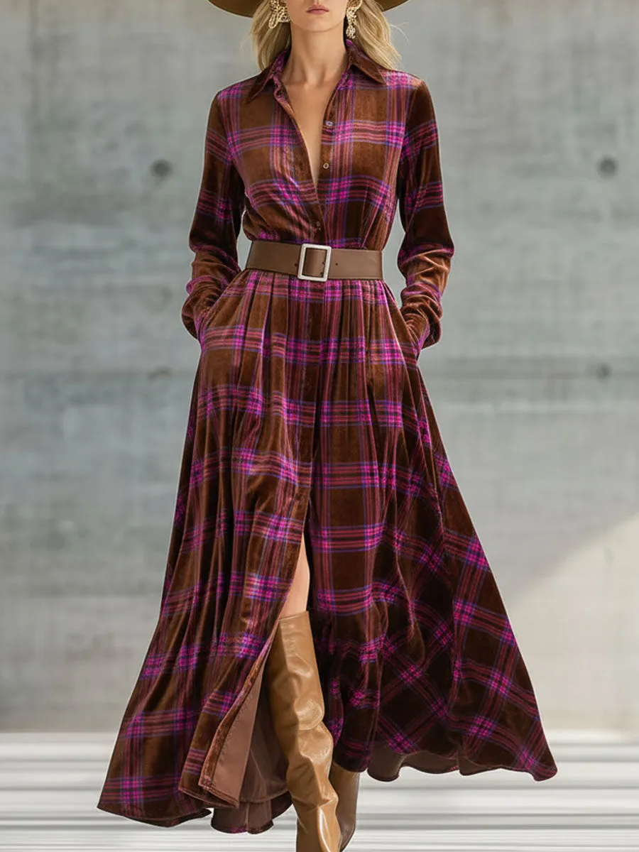 Fashion Retro Pink And Brown Plaid Velvet Lace-up Maxi Dress sold by Oyrosy