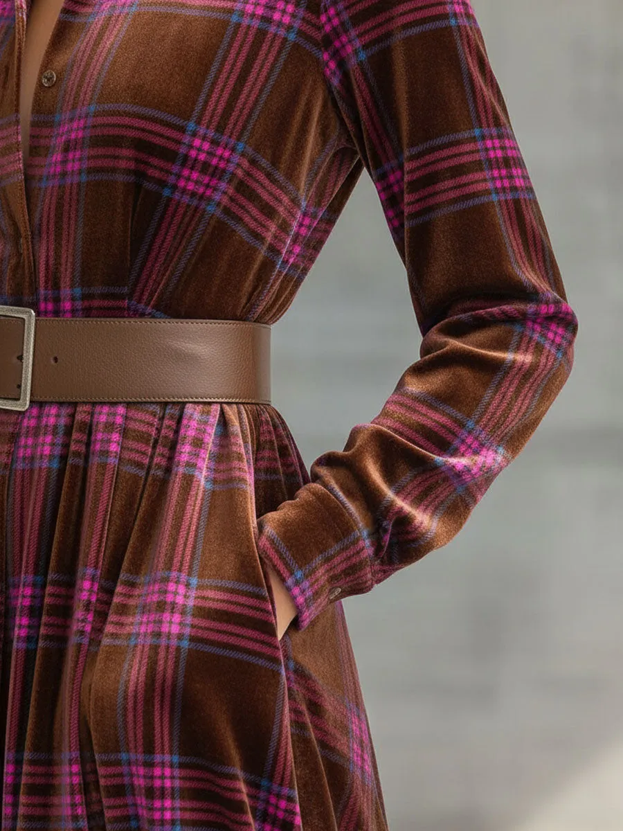 Fashion Retro Pink And Brown Plaid Velvet Lace-up Maxi Dress sold by Oyrosy product image thumbnail 5