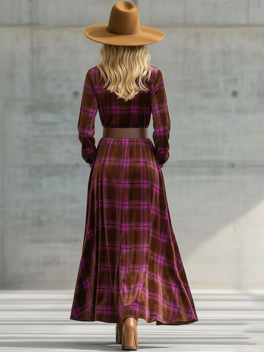 Fashion Retro Pink And Brown Plaid Velvet Lace-up Maxi Dress sold by Oyrosy product image thumbnail 3