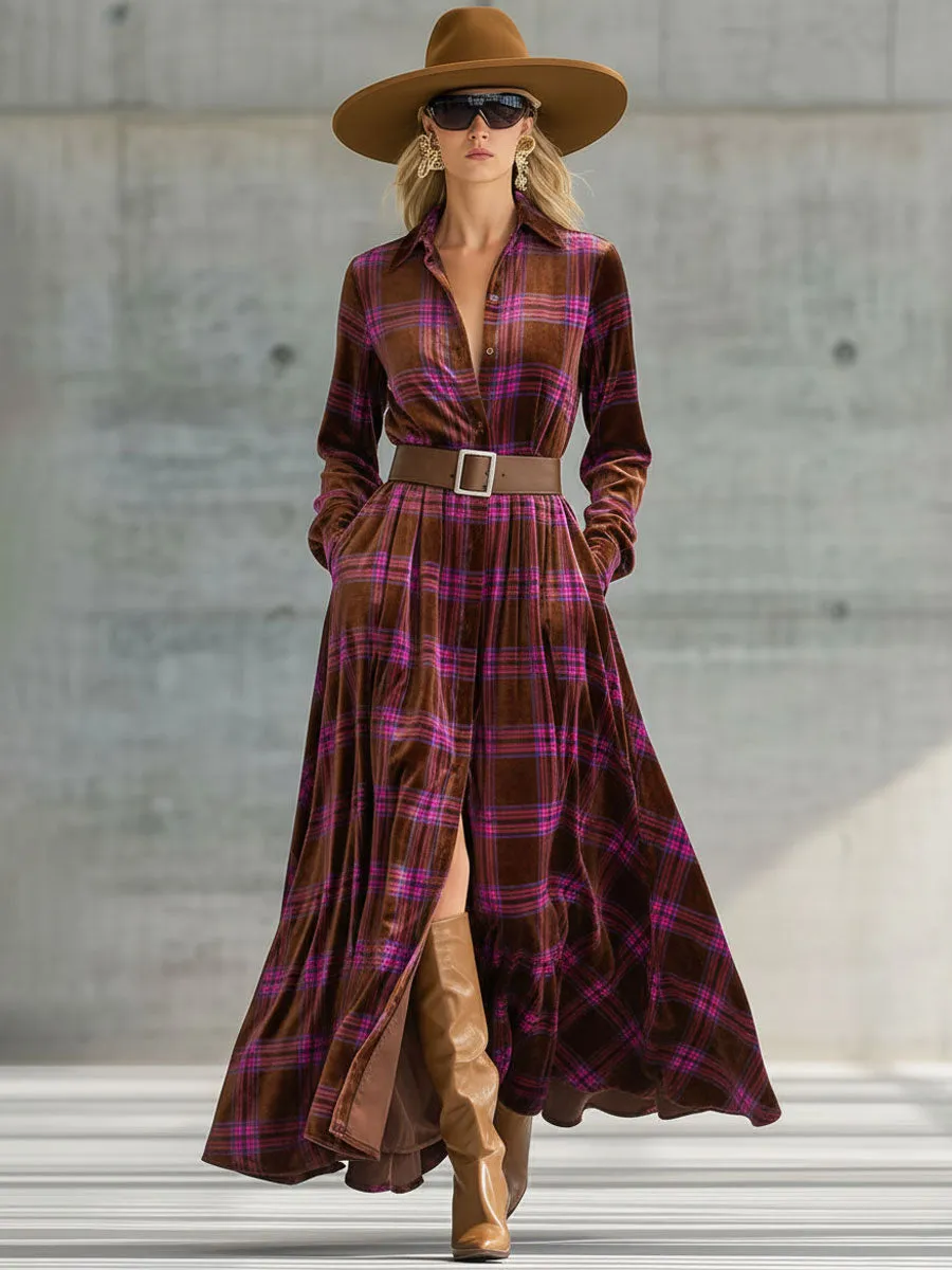 Fashion Retro Pink And Brown Plaid Velvet Lace-up Maxi Dress sold by Oyrosy product image thumbnail 2