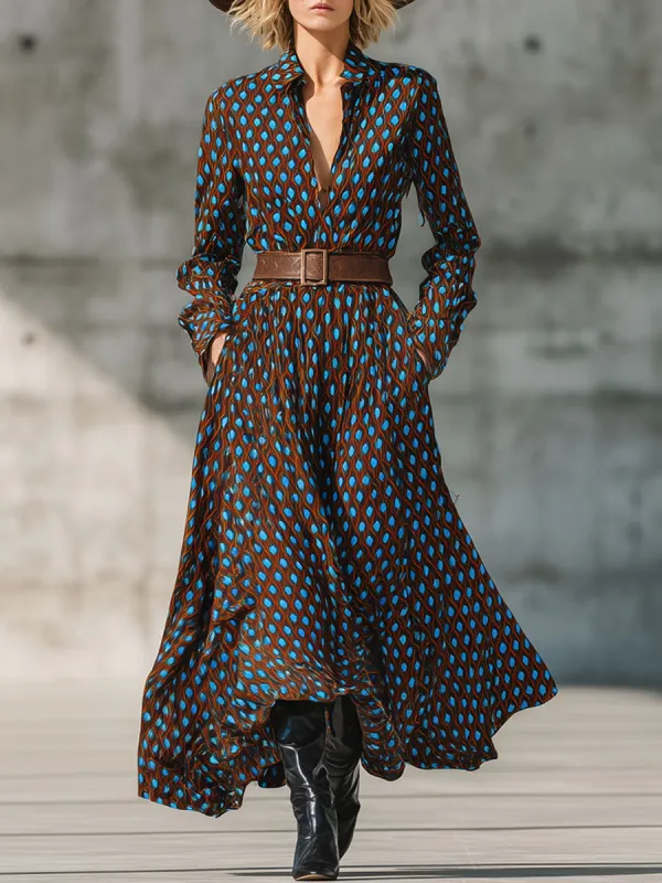Fashion Retro Blue And Brown Diamond Check Tie Shirt Maxi Dress sold by Oyrosy