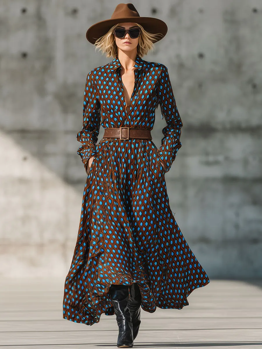 Fashion Retro Blue And Brown Diamond Check Tie Shirt Maxi Dress sold by Oyrosy product image thumbnail 2