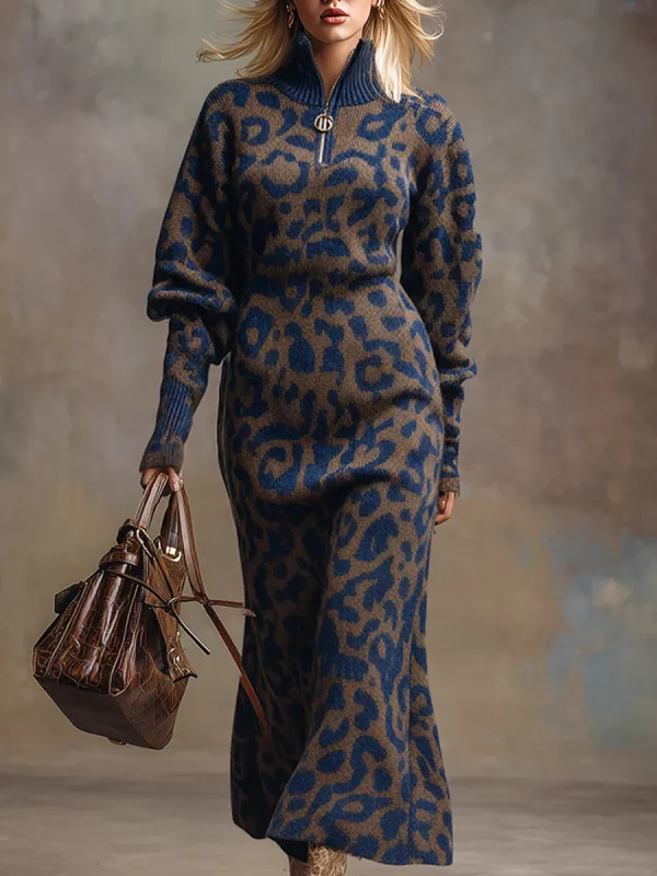 Retro Loose Blue And Brown Leopard Print Knitted Maxi Dress sold by Oyrosy