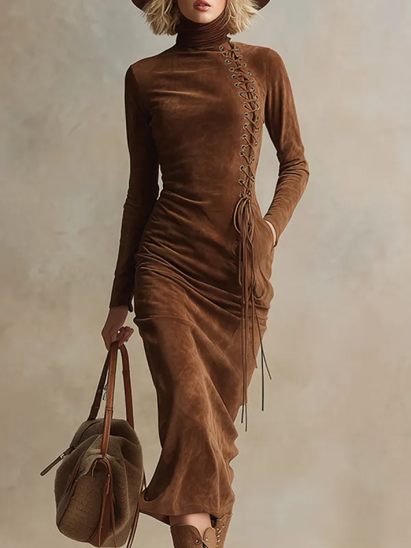 Vintage Western Turtleneck Brown Faux Suede Lace-Up Midi Dress sold by Oyrosy