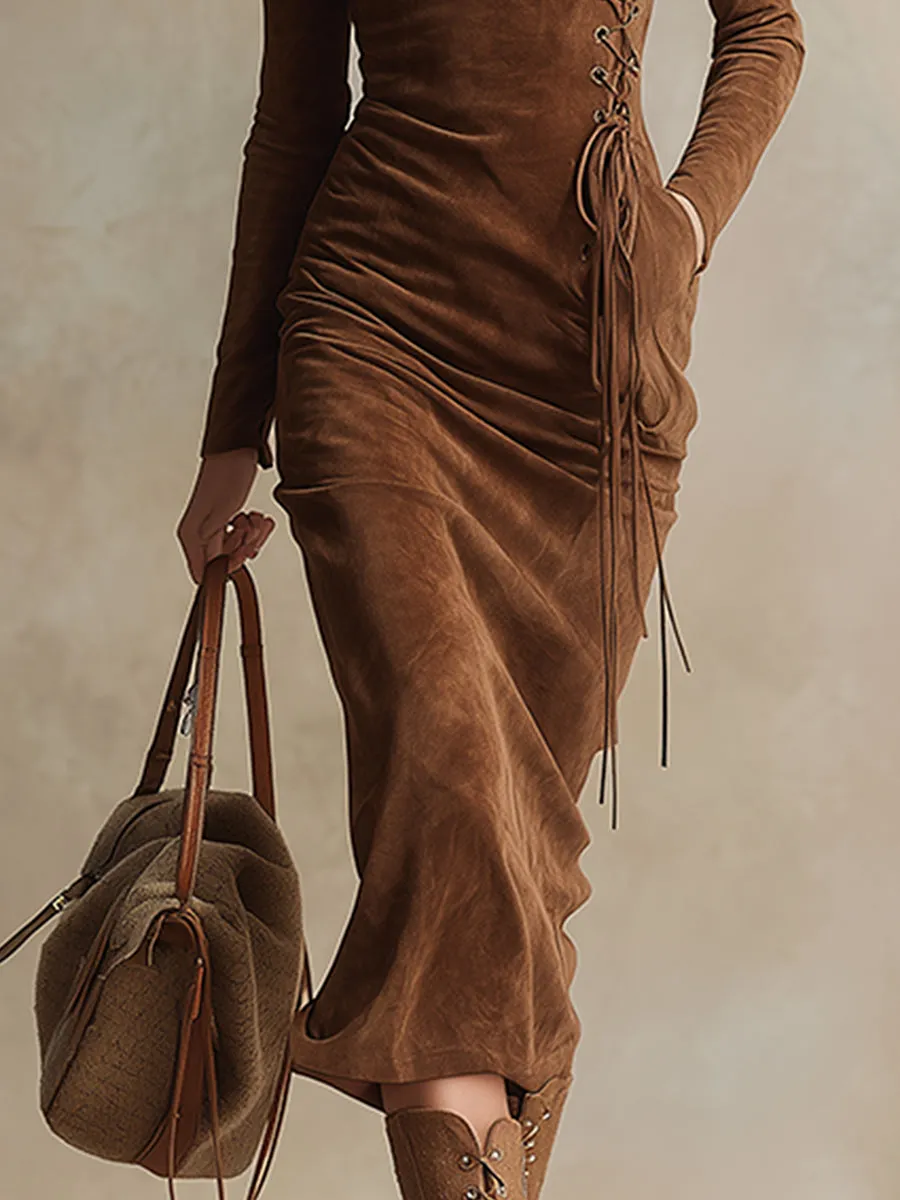 Vintage Western Turtleneck Brown Faux Suede Lace-Up Midi Dress sold by Oyrosy product image thumbnail 4