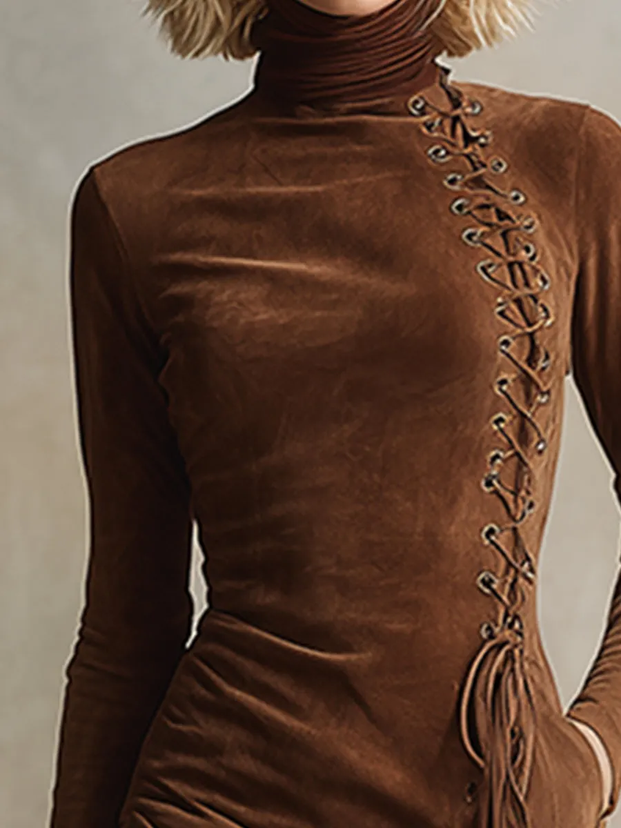 Vintage Western Turtleneck Brown Faux Suede Lace-Up Midi Dress sold by Oyrosy product image thumbnail 3