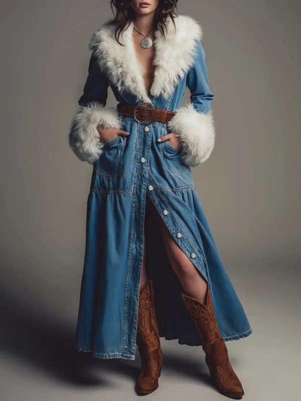 High-end Fashionable Western Style Detachable Faux Fur Collar Denim Maxi Dress sold by Oyrosy