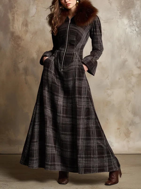 Vintage Plaid Faux Fur Collar Chenille Maxi Dress sold by Oyrosy