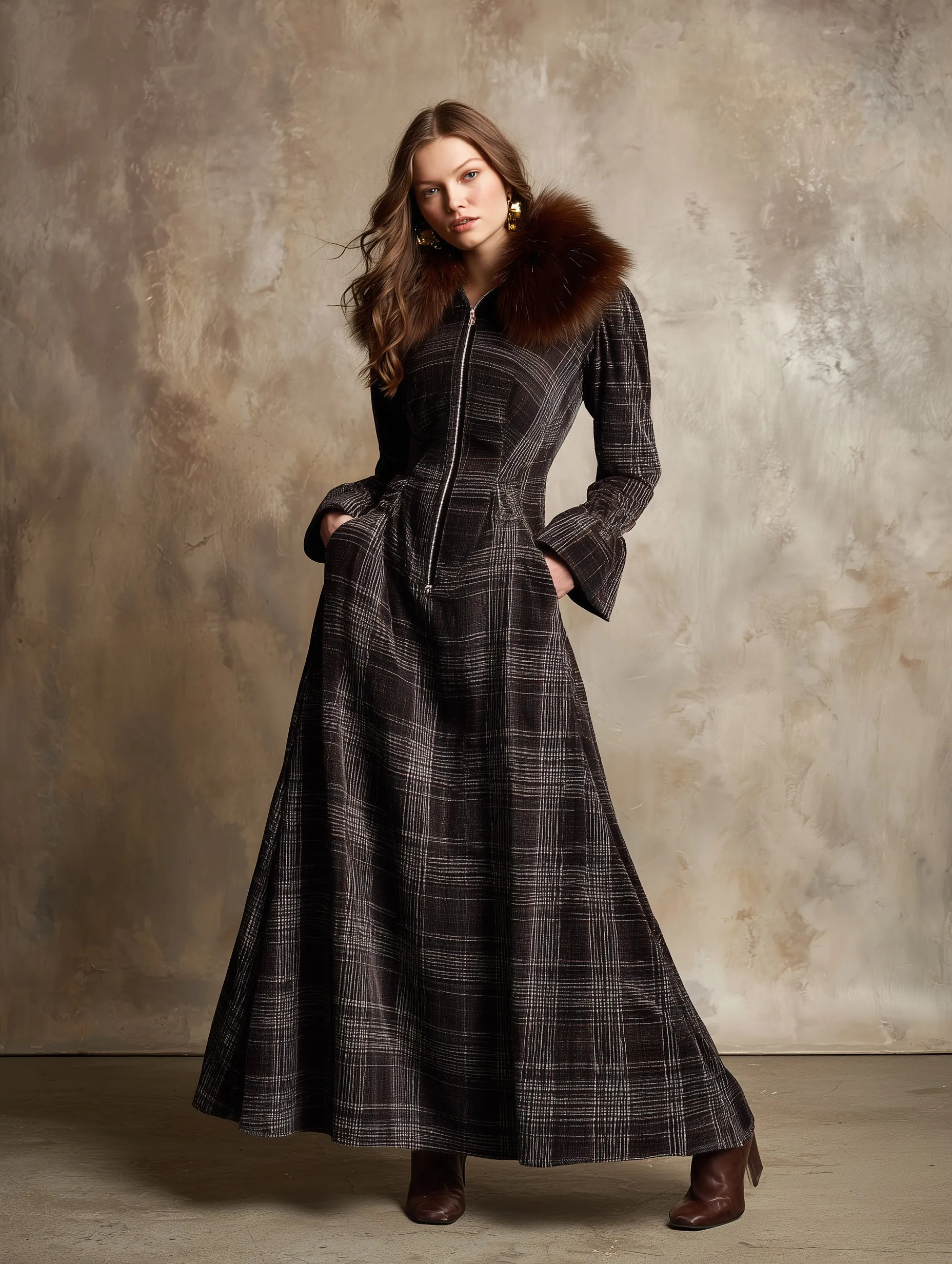 Vintage Plaid Faux Fur Collar Chenille Maxi Dress sold by Oyrosy product image thumbnail 2