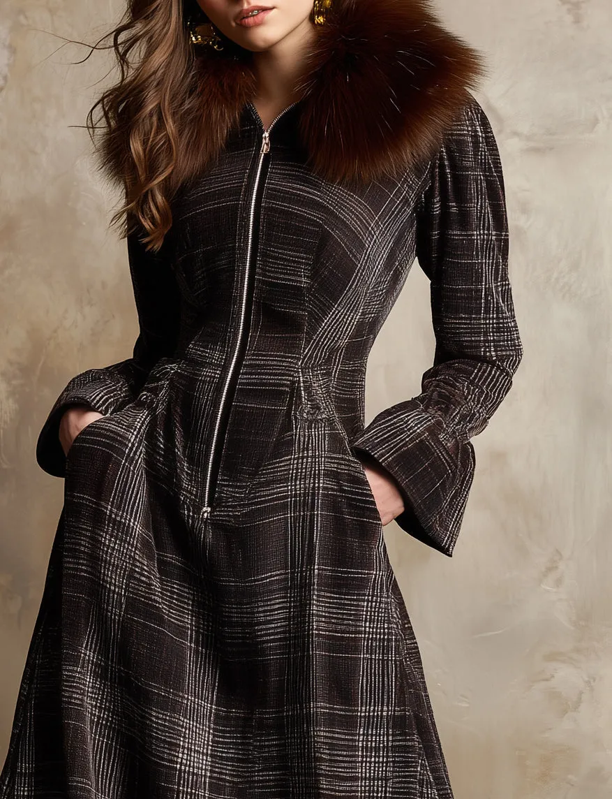 Vintage Plaid Faux Fur Collar Chenille Maxi Dress sold by Oyrosy product image thumbnail 3