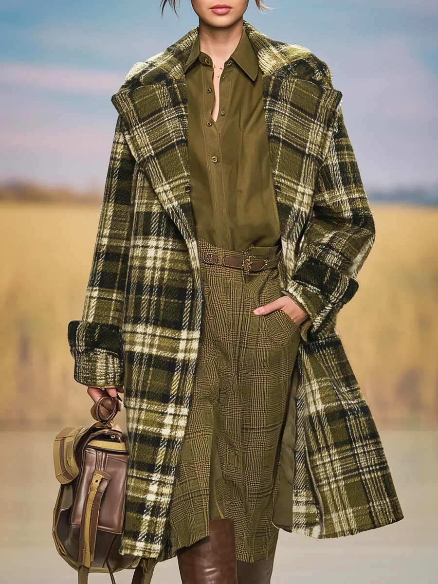 Retro Casual Army Green Plaid Lapel Coat sold by Oyrosy