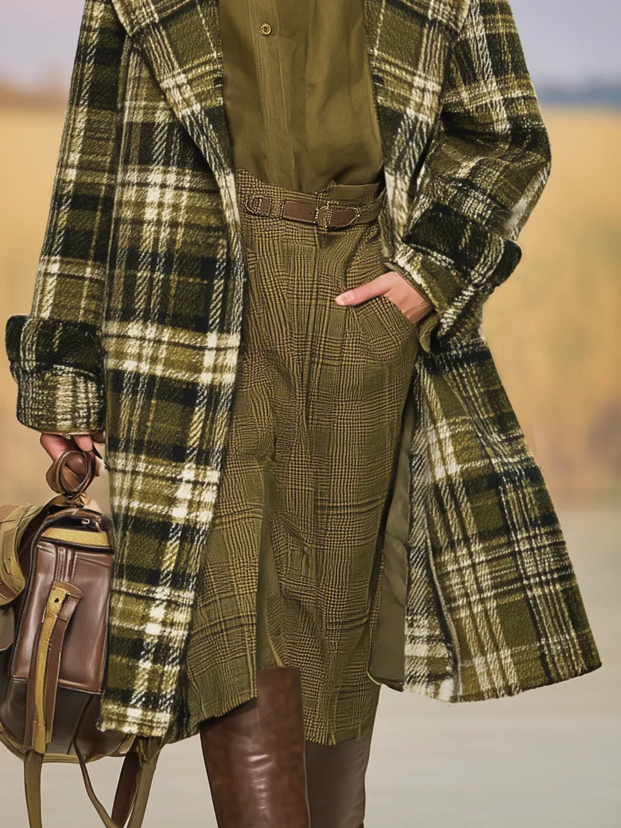 Retro Casual Army Green Plaid Lapel Coat sold by Oyrosy product image thumbnail 4