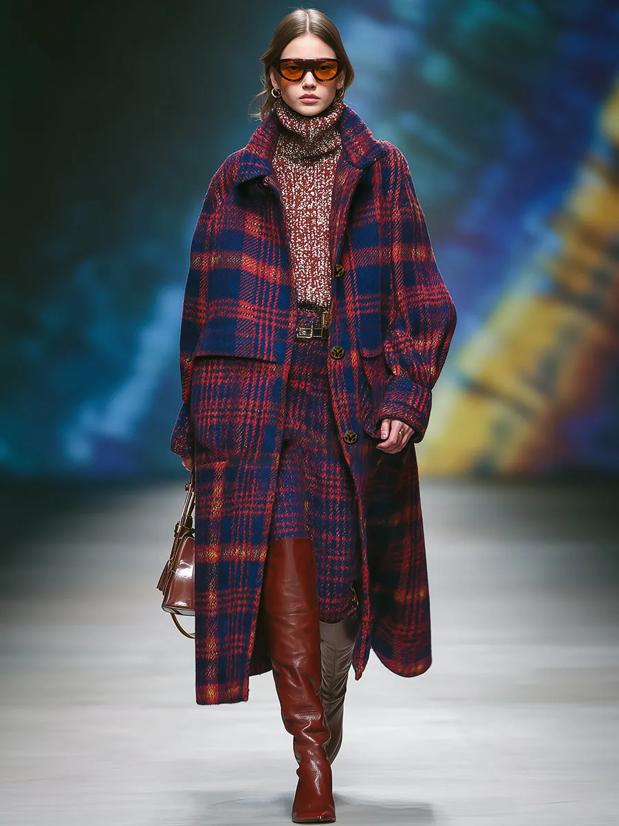 Retro British Style Red And Blue Plaid Lapel Coat sold by Oyrosy product image thumbnail 2