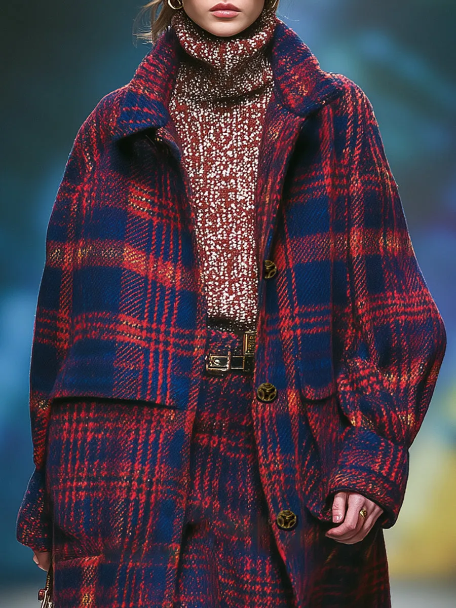 Retro British Style Red And Blue Plaid Lapel Coat sold by Oyrosy product image thumbnail 3