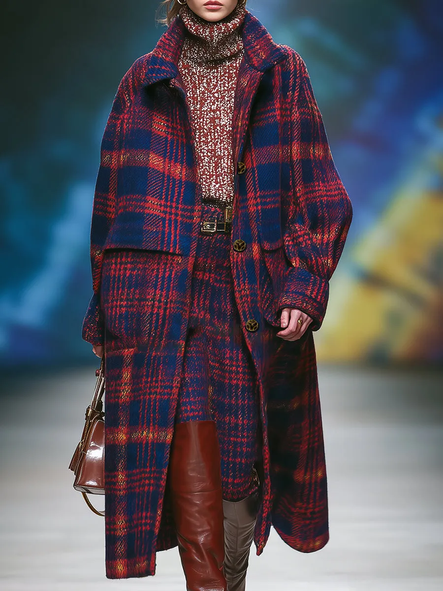 Retro British Style Red And Blue Plaid Lapel Coat sold by Oyrosy