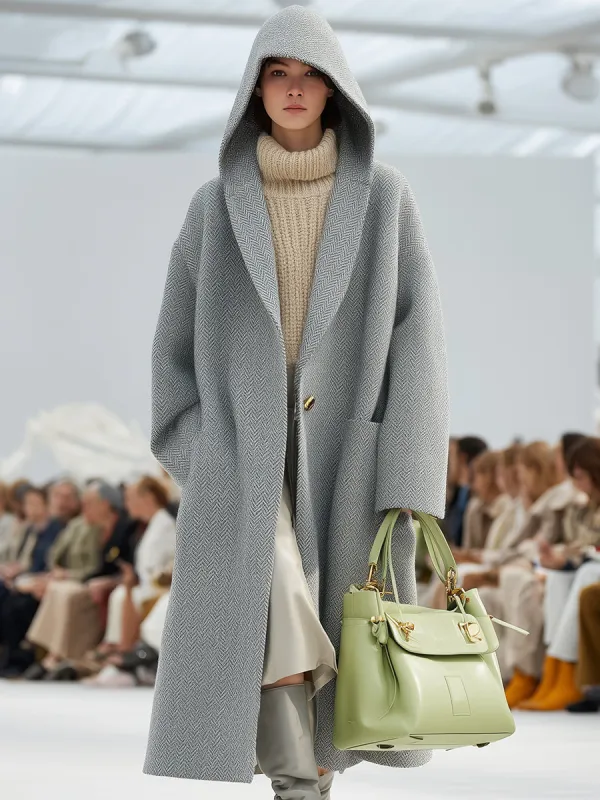 Casual And Fashionable Hooded Light Gray Herringbone Wool Blend Coat sold by Oyrosy