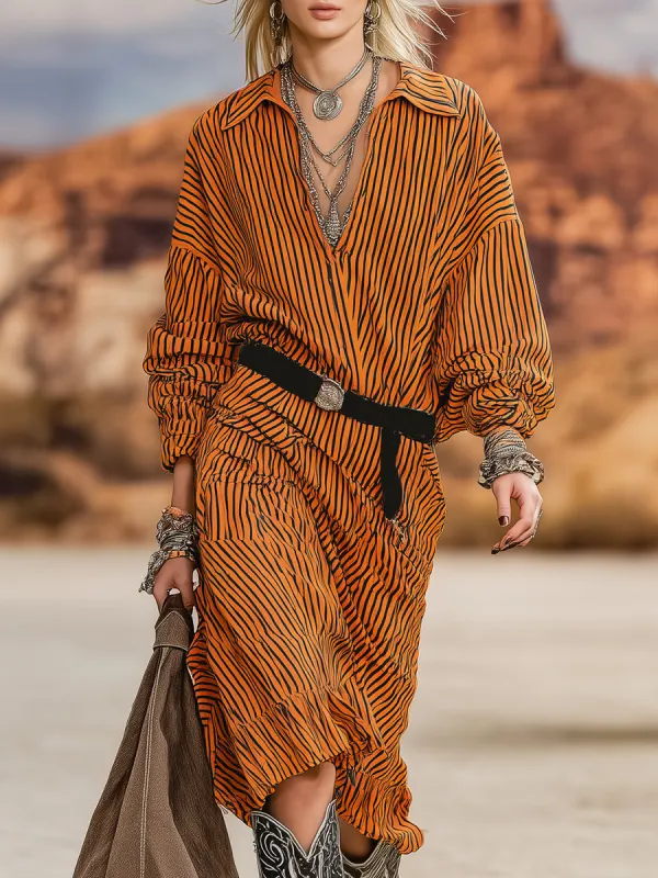 Retro Western Lapel Black Striped Orange Midi Dress sold by Oyrosy