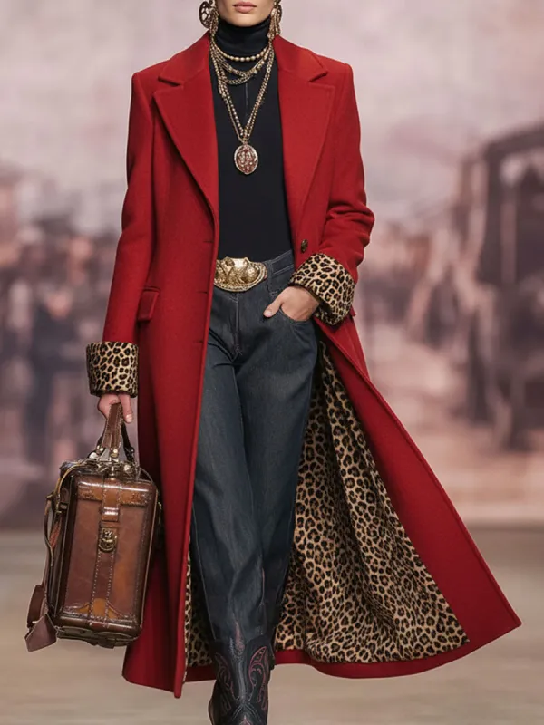 Lapel Single-breasted Leopard Print Wool Coat sold by Oyrosy