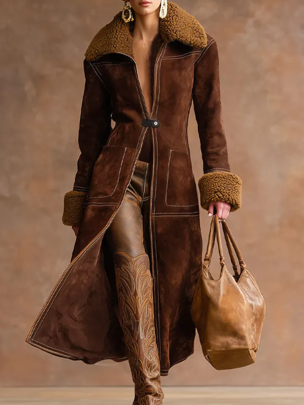 Lapel Double Pocket Faux Suede And Sherpa Coat sold by Oyrosy