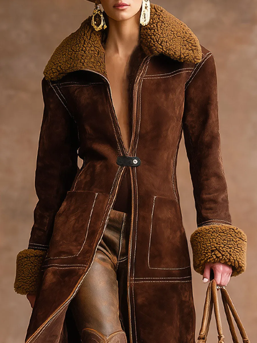 Lapel Double Pocket Faux Suede And Sherpa Coat sold by Oyrosy product image thumbnail 2