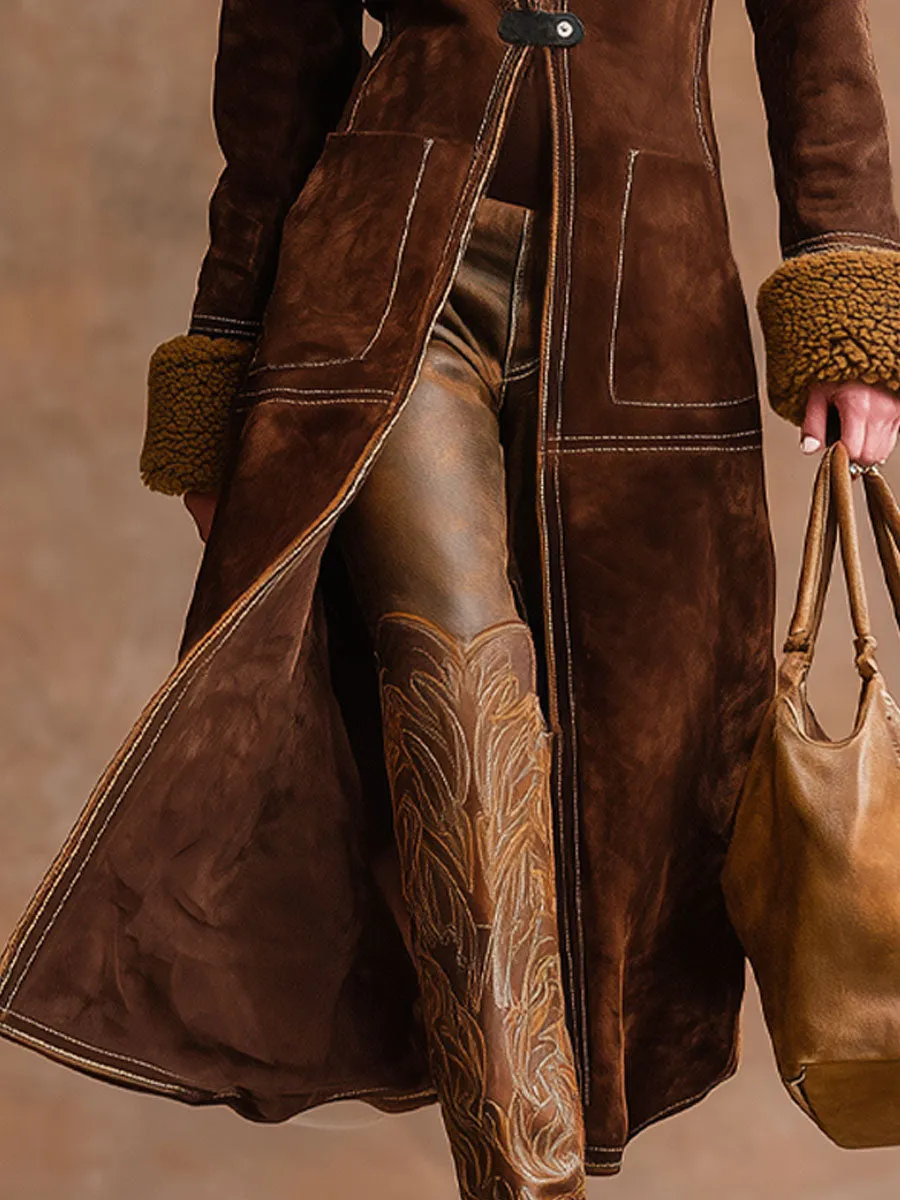 Lapel Double Pocket Faux Suede And Sherpa Coat sold by Oyrosy product image thumbnail 3