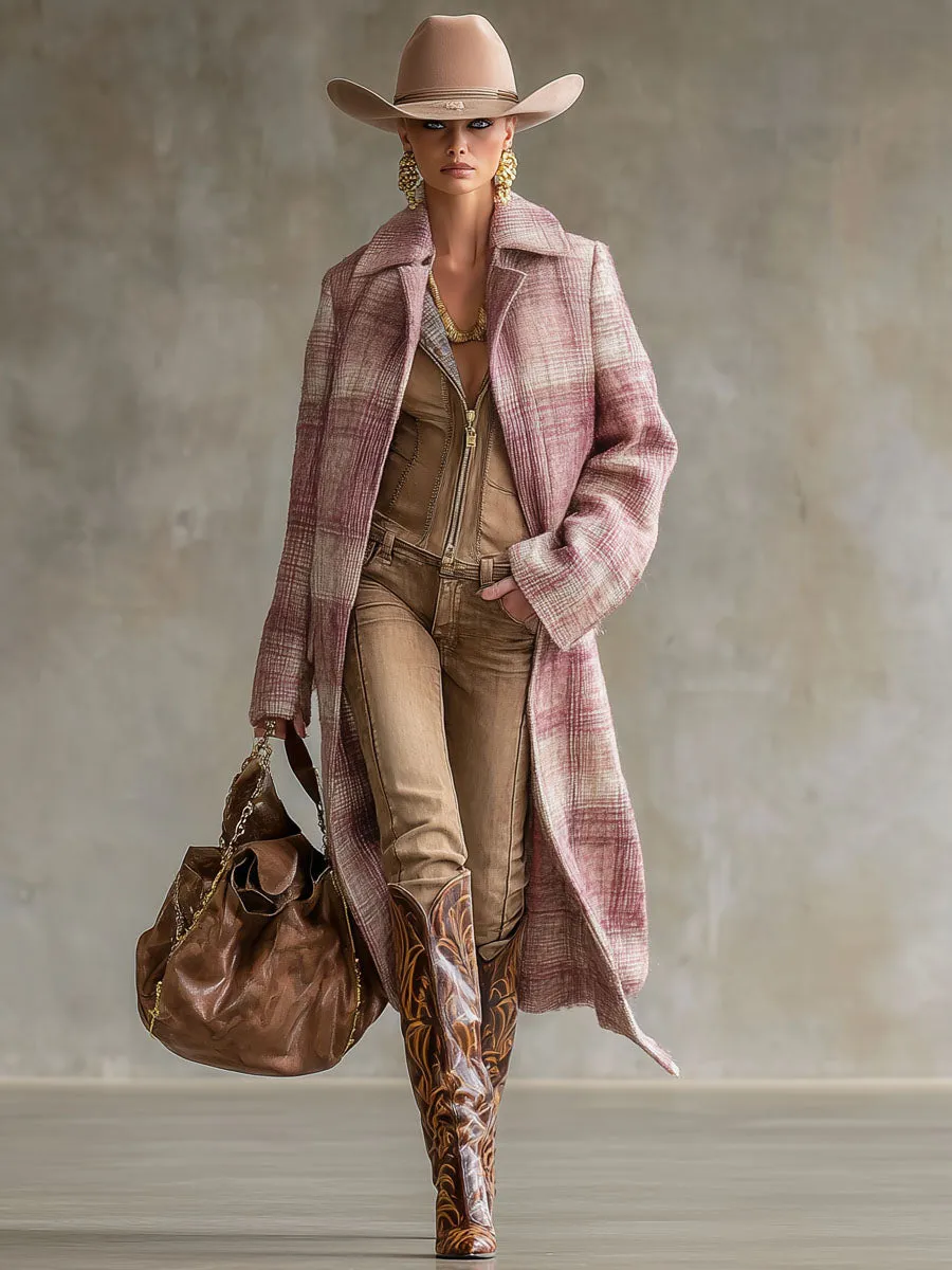 Lapel Double Pocket Pink Plaid Wool Coat sold by Oyrosy product image thumbnail 4