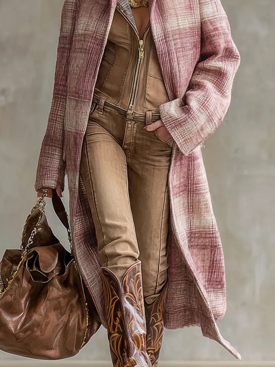 Lapel Double Pocket Pink Plaid Wool Coat sold by Oyrosy product image thumbnail 3